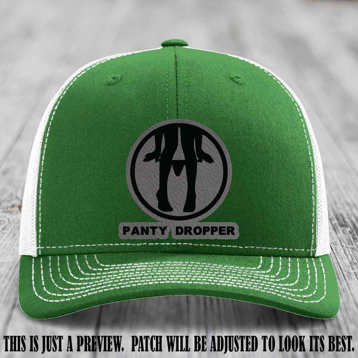 Panty Dropper Grey to Black Patch Leather Patch on Kelly to White Hat - Richardson 112 Custom Hat