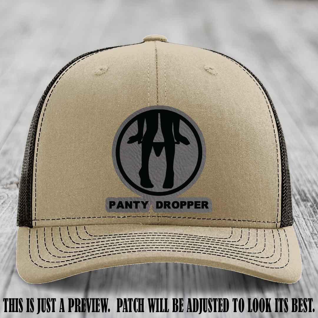Panty Dropper Grey to Black Patch Leather Patch on Khaki to Coffee Hat - Richardson 112 Custom Hat