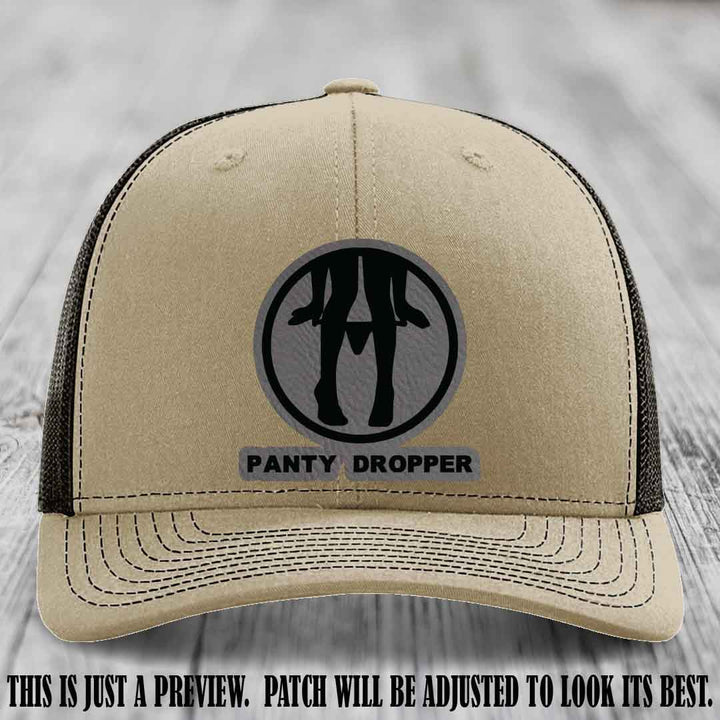 Panty Dropper Grey to Black Patch Leather Patch on Khaki to Coffee Hat - Richardson 112 Custom Hat