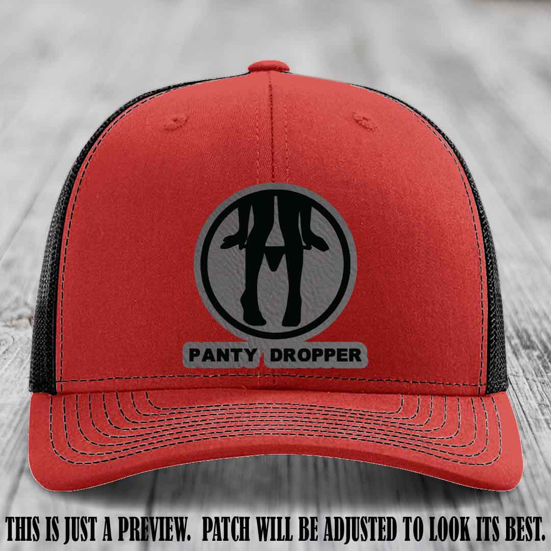 Panty Dropper Grey to Black Patch Leather Patch on Red to Black Hat - Richardson 112 Custom Hat