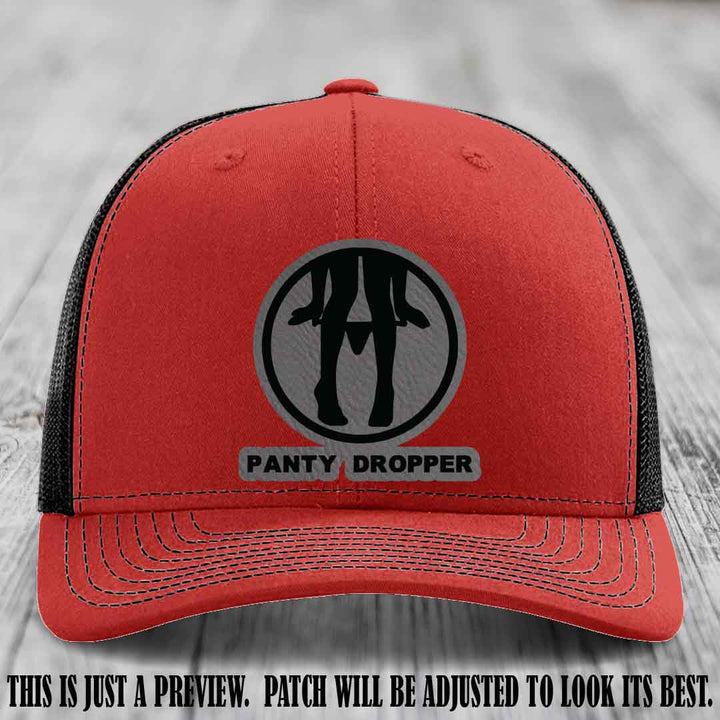 Panty Dropper Grey to Black Patch Leather Patch on Red to Black Hat - Richardson 112 Custom Hat