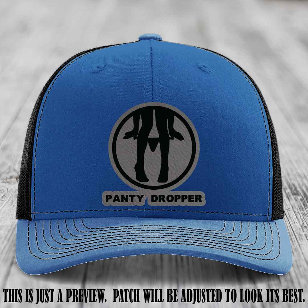 Panty Dropper Grey to Black Patch Leather Patch on Royal to Black Hat - Richardson 112 Custom Hat