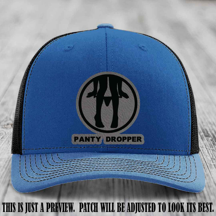 Panty Dropper Grey to Black Patch Leather Patch on Royal to Black Hat - Richardson 112 Custom Hat