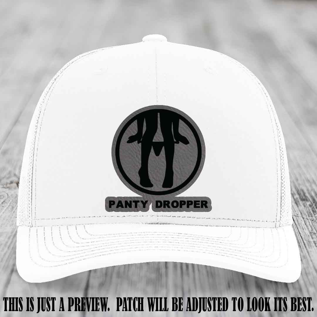 Panty Dropper Grey to Black Patch Leather Patch on White Hat - Richardson 112 Custom Hat