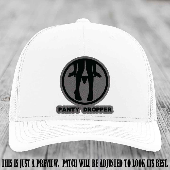Panty Dropper Grey to Black Patch Leather Patch on White Hat - Richardson 112 Custom Hat