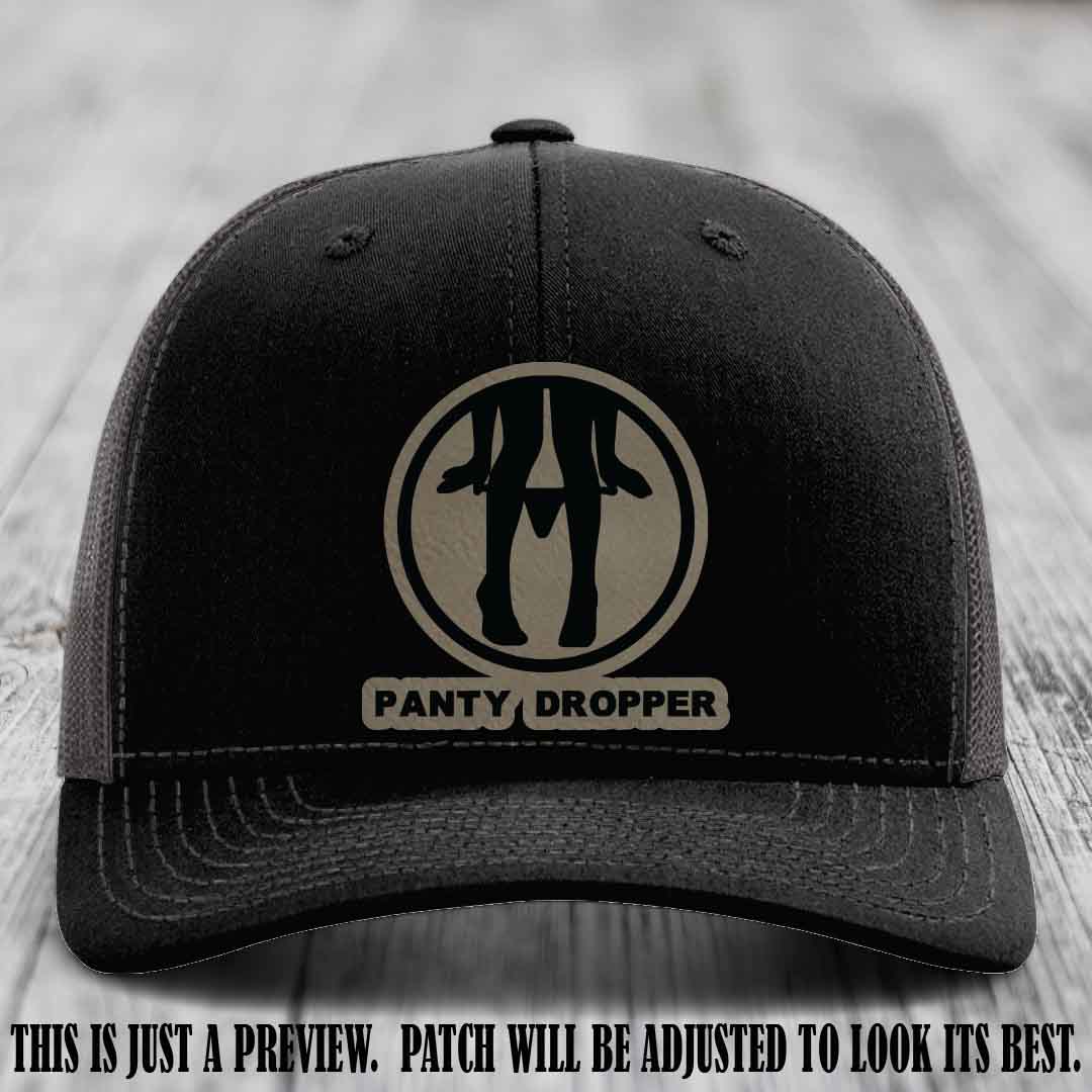 Panty Dropper Light Brown to Black Patch Leather Patch on Black to Charcoal Hat - Richardson 112 Custom Hat