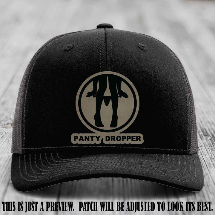 Panty Dropper Light Brown to Black Patch Leather Patch on Black to Charcoal Hat - Richardson 112 Custom Hat