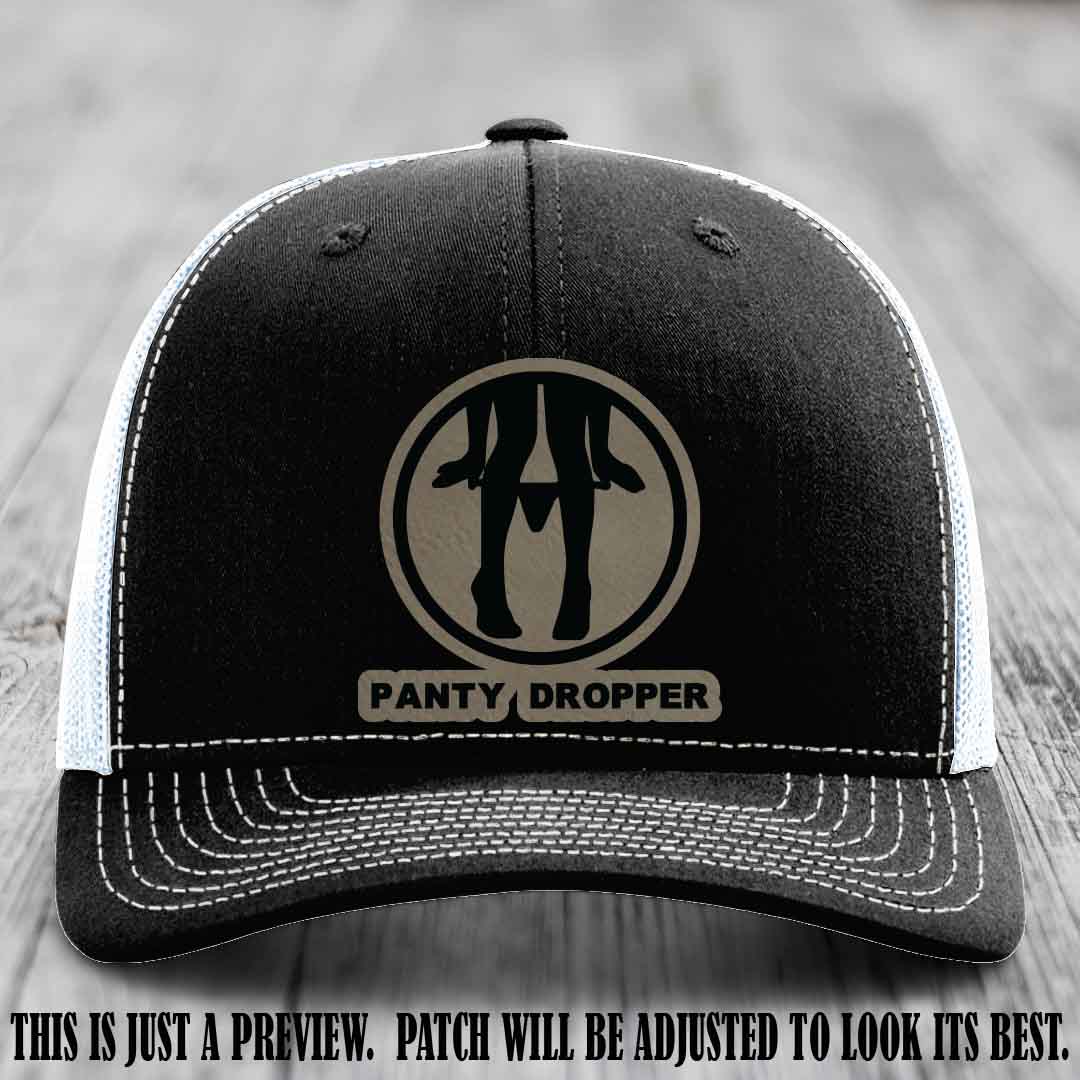 Panty Dropper Light Brown to Black Patch Leather Patch on Black to White Hat - Richardson 112 Custom Hat