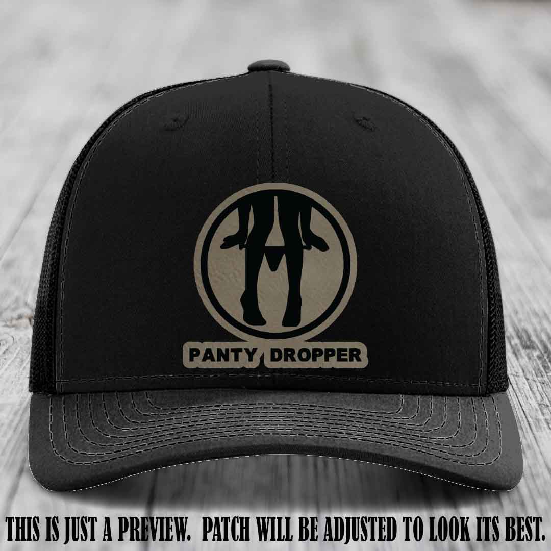 Panty Dropper Light Brown to Black Patch Leather Patch on Black Hat - Richardson 112 Custom Hat
