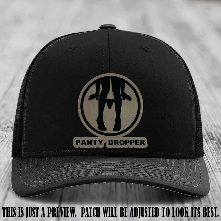 Panty Dropper Light Brown to Black Patch Leather Patch on Black Hat - Richardson 112 Custom Hat
