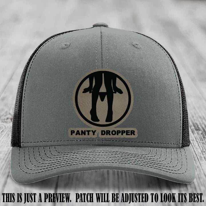 Panty Dropper Light Brown to Black Patch Leather Patch on Heather Grey to Black Hat - Richardson 112 Custom Hat