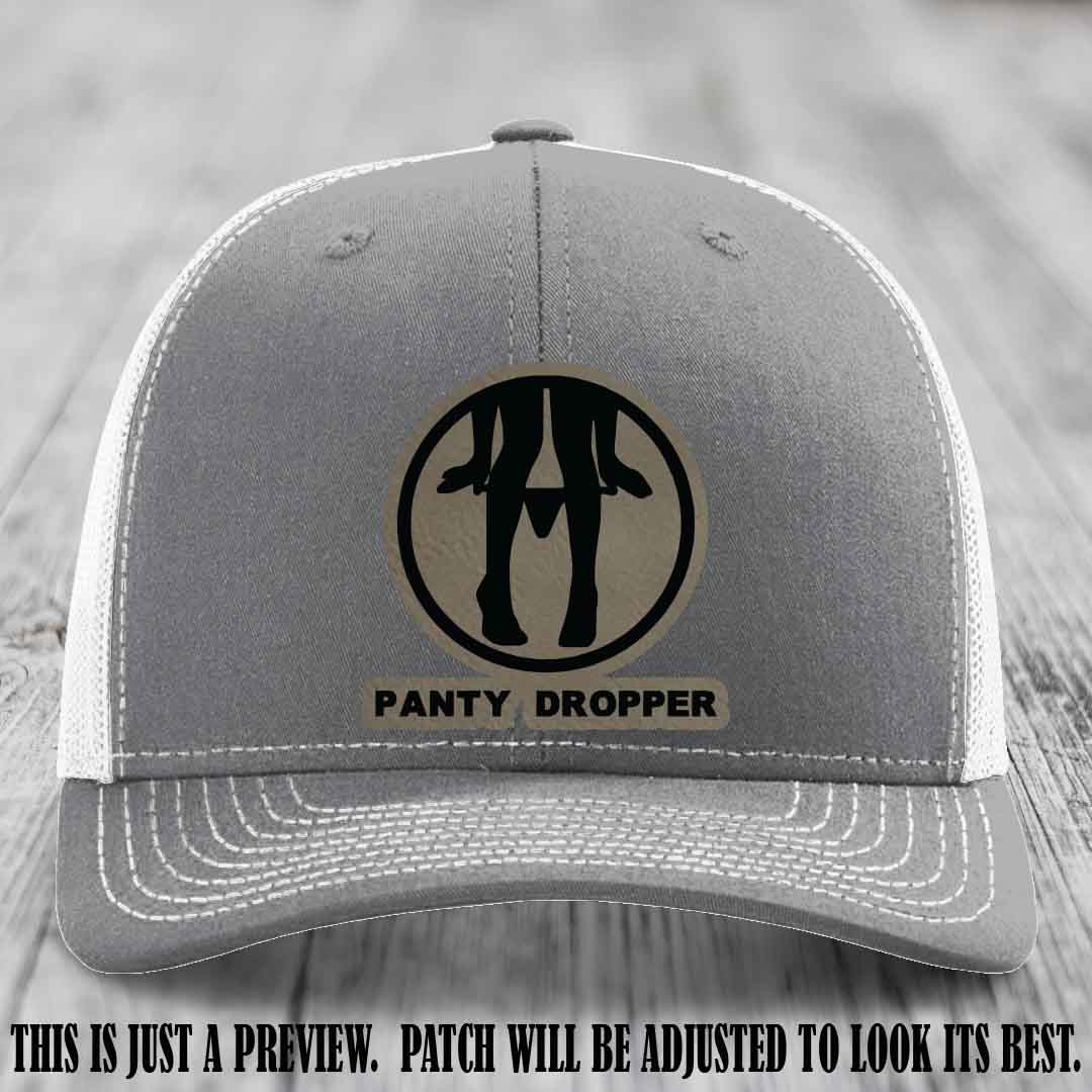 Panty Dropper Light Brown to Black Patch Leather Patch on Heather Grey to White Hat - Richardson 112 Custom Hat