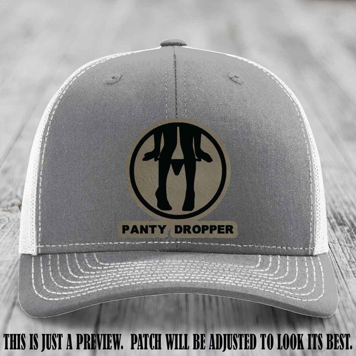 Panty Dropper Light Brown to Black Patch Leather Patch on Heather Grey to White Hat - Richardson 112 Custom Hat