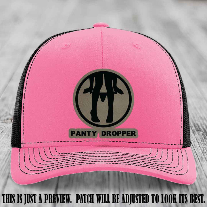 Panty Dropper Light Brown to Black Patch Leather Patch on Hot Pink to Black Hat - Richardson 112 Custom Hat
