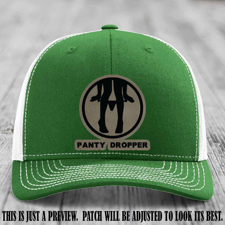 Panty Dropper Light Brown to Black Patch Leather Patch on Kelly to White Hat - Richardson 112 Custom Hat