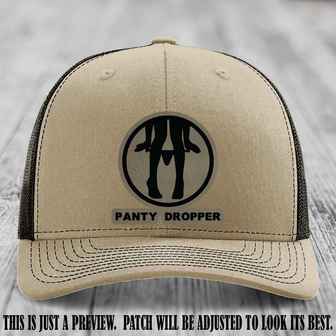 Panty Dropper Light Brown to Black Patch Leather Patch on Khaki to Coffee Hat - Richardson 112 Custom Hat