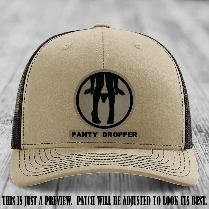 Panty Dropper Light Brown to Black Patch Leather Patch on Khaki to Coffee Hat - Richardson 112 Custom Hat
