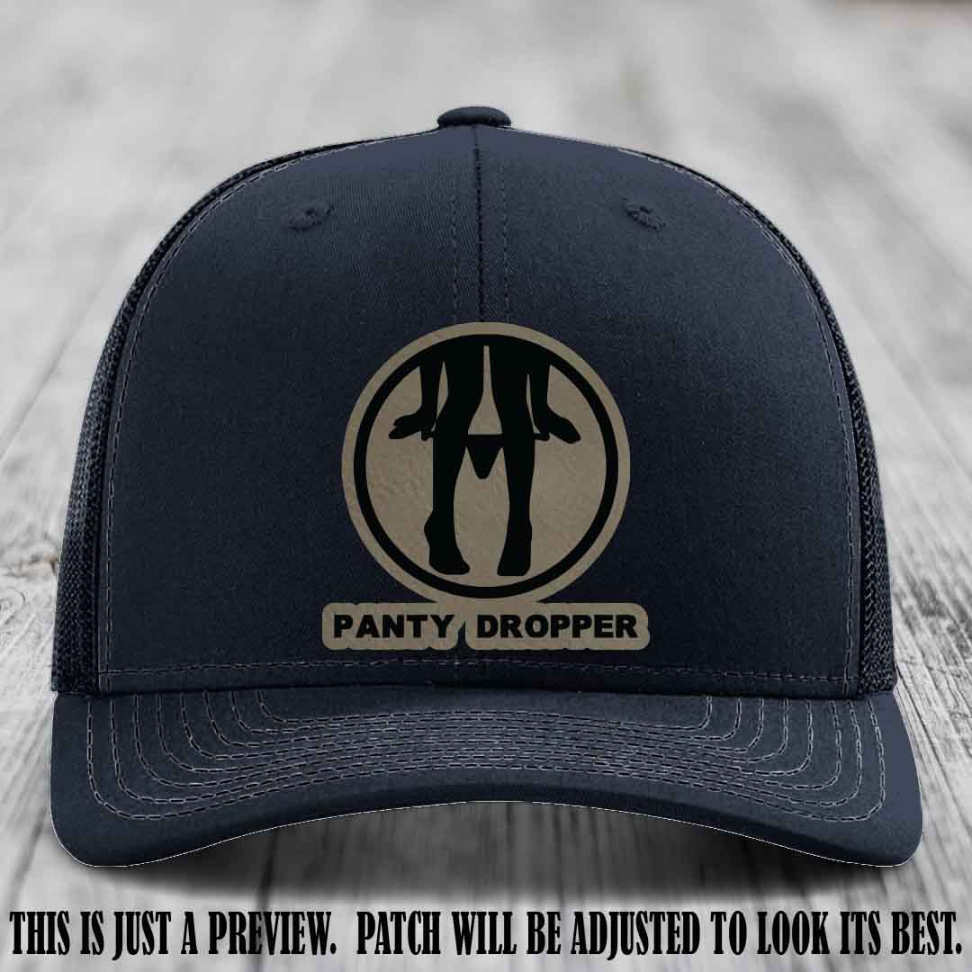 Panty Dropper Light Brown to Black Patch Leather Patch on Navy Hat - Richardson 112 Custom Hat
