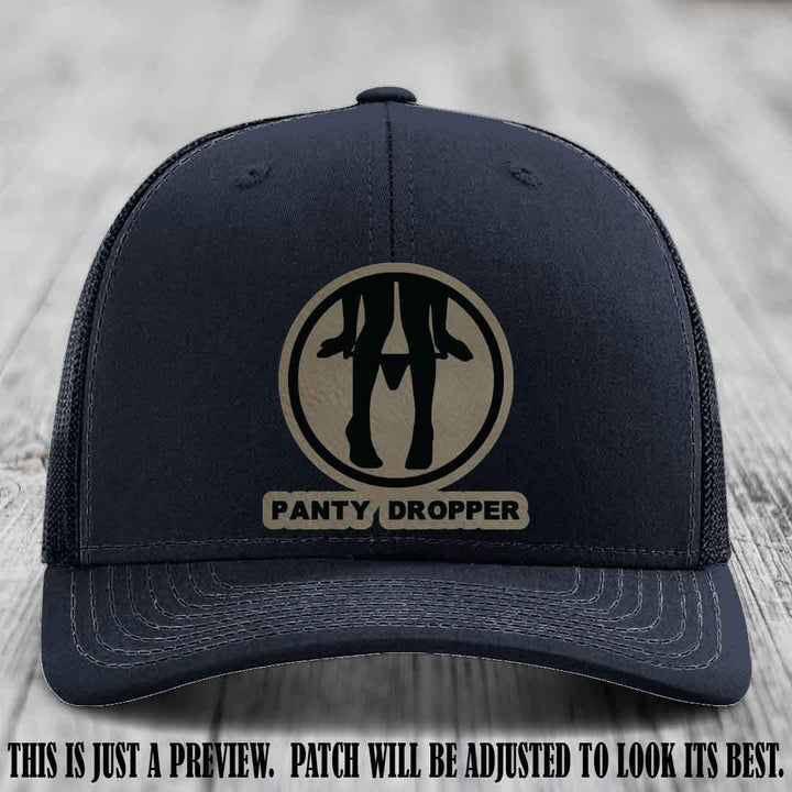 Panty Dropper Light Brown to Black Patch Leather Patch on Navy Hat - Richardson 112 Custom Hat