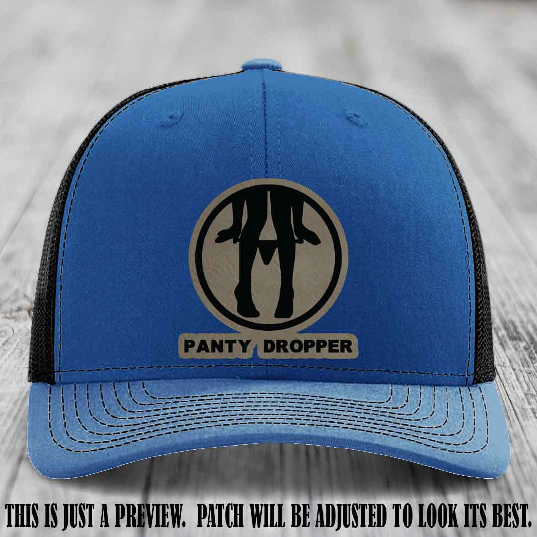 Panty Dropper Light Brown to Black Patch Leather Patch on Royal to Black Hat - Richardson 112 Custom Hat