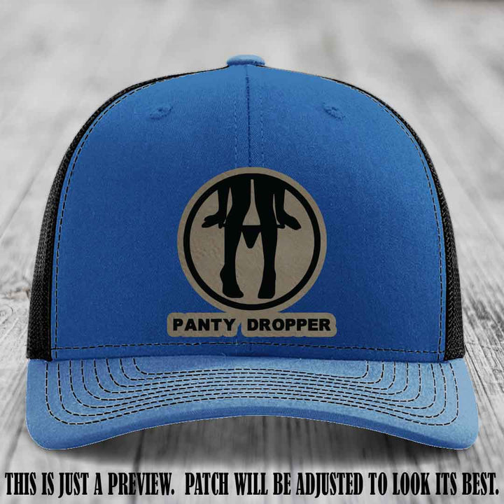Panty Dropper Light Brown to Black Patch Leather Patch on Royal to Black Hat - Richardson 112 Custom Hat