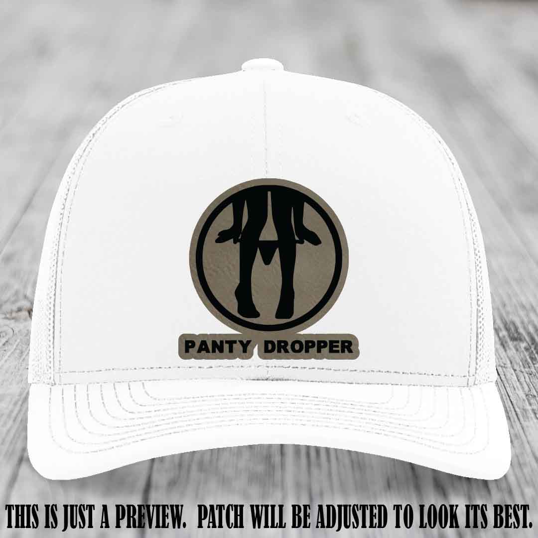 Panty Dropper Light Brown to Black Patch Leather Patch on White Hat - Richardson 112 Custom Hat