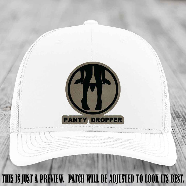 Panty Dropper Light Brown to Black Patch Leather Patch on White Hat - Richardson 112 Custom Hat