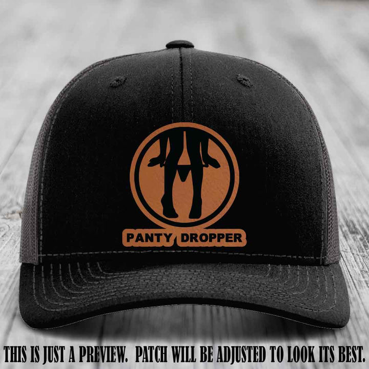 Panty Dropper Rawhide to Black Patch Leather Patch on Black to Charcoal Hat - Richardson 112 Custom Hat