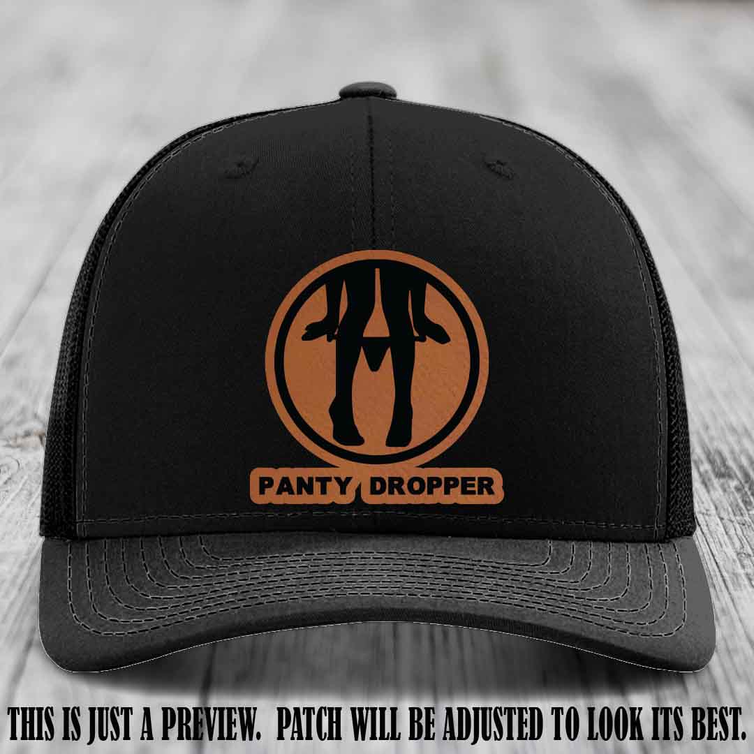 Panty Dropper Rawhide to Black Patch Leather Patch on Black Hat - Richardson 112 Custom Hat