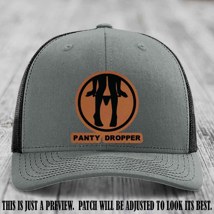 Panty Dropper Rawhide to Black Patch Leather Patch on Heather Grey to Black Hat - Richardson 112 Custom Hat