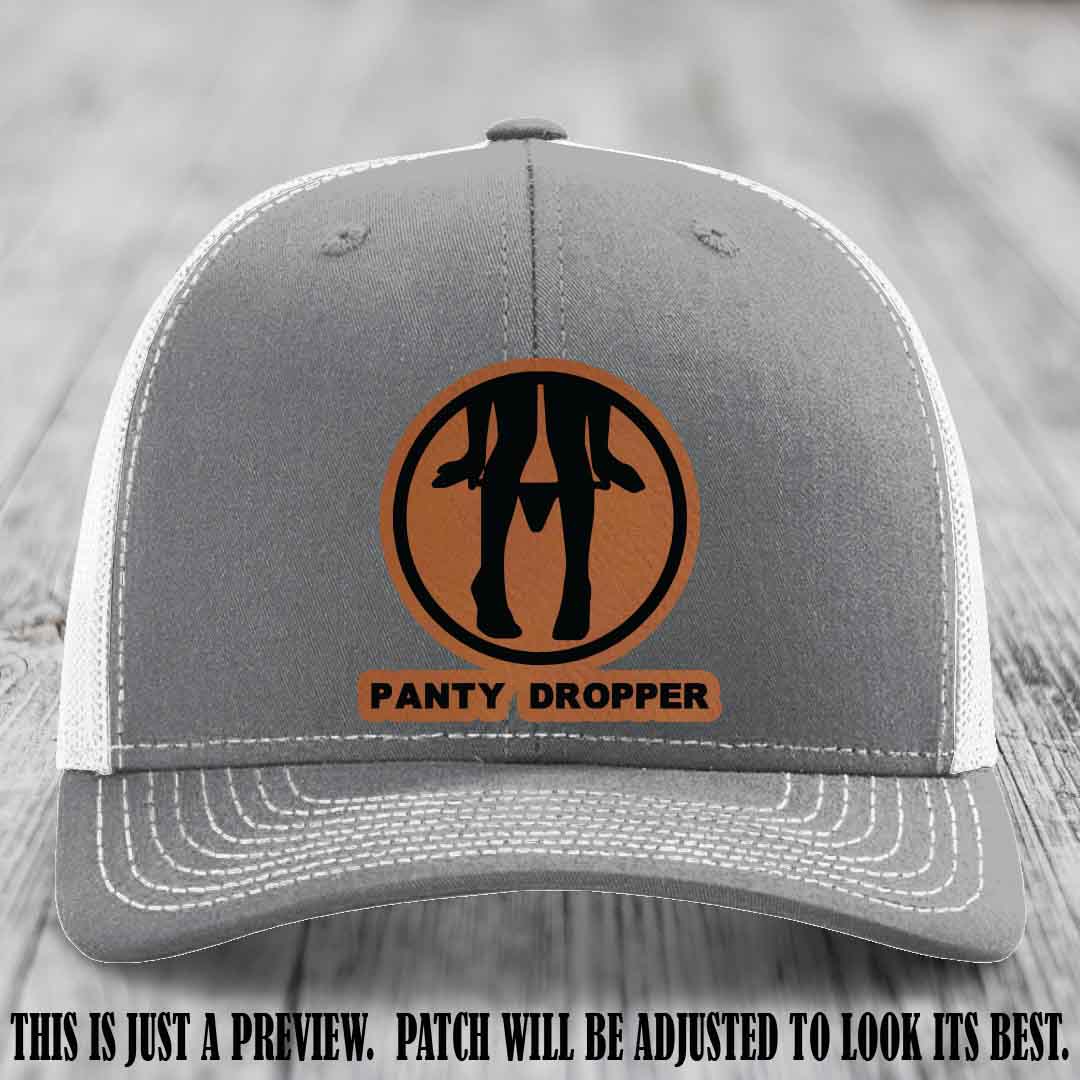 Panty Dropper Rawhide to Black Patch Leather Patch on Heather Grey to White Hat - Richardson 112 Custom Hat