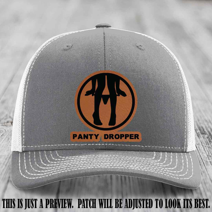 Panty Dropper Rawhide to Black Patch Leather Patch on Heather Grey to White Hat - Richardson 112 Custom Hat