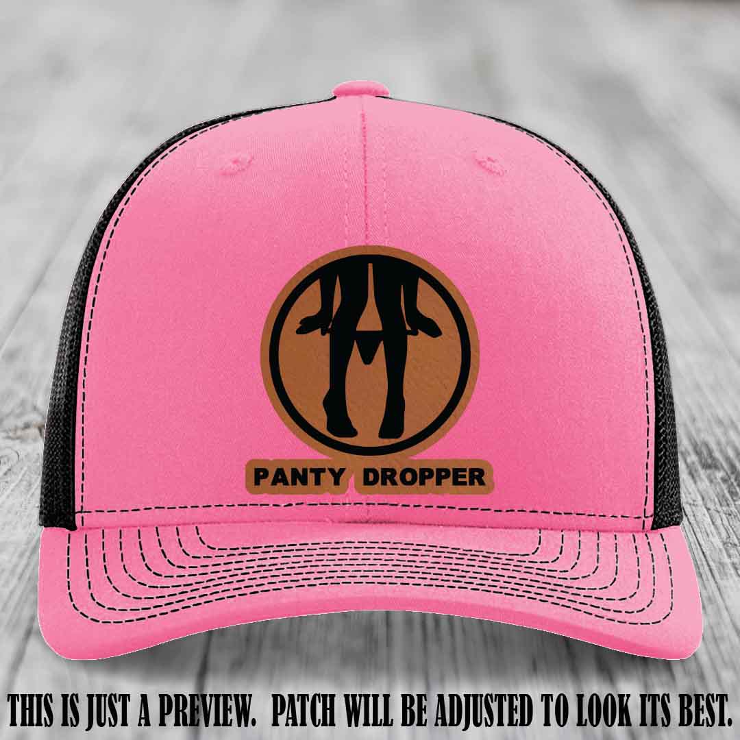 Panty Dropper Rawhide to Black Patch Leather Patch on Hot Pink to Black Hat - Richardson 112 Custom Hat