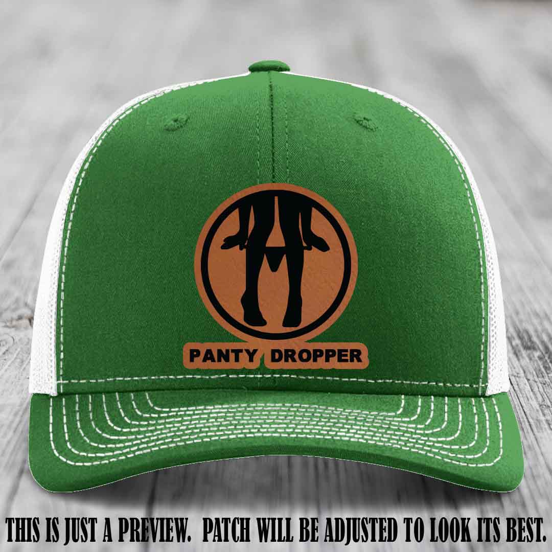 Panty Dropper Rawhide to Black Patch Leather Patch on Kelly to White Hat - Richardson 112 Custom Hat