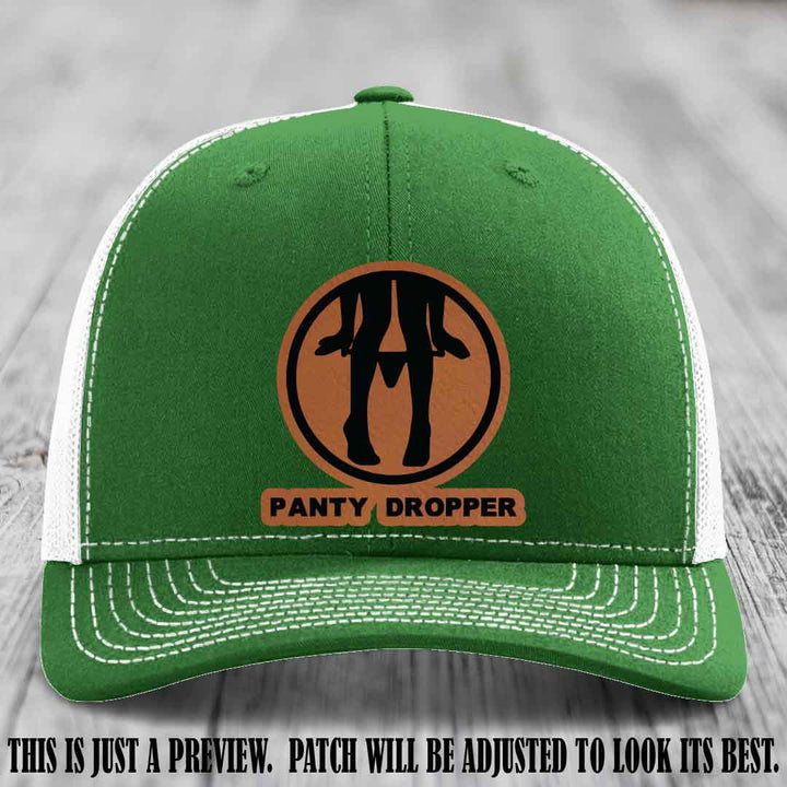 Panty Dropper Rawhide to Black Patch Leather Patch on Kelly to White Hat - Richardson 112 Custom Hat