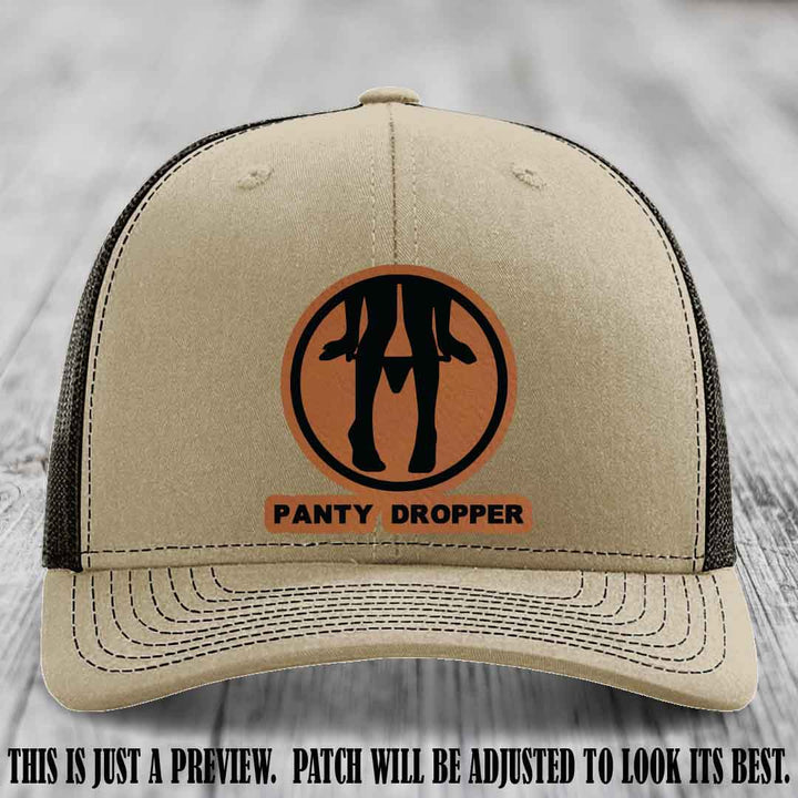 Panty Dropper Rawhide to Black Patch Leather Patch on Khaki to Coffee Hat - Richardson 112 Custom Hat