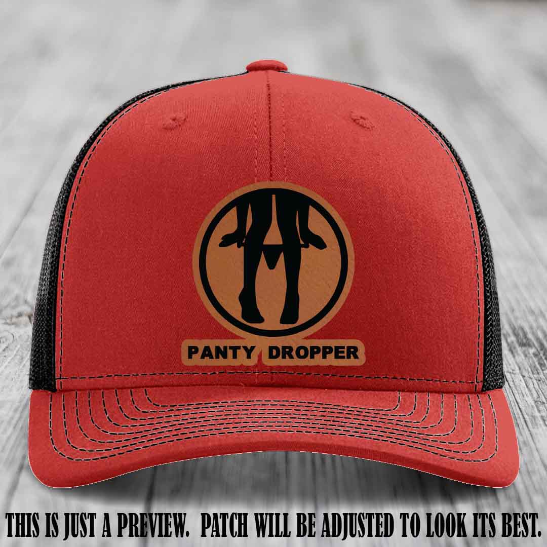Panty Dropper Rawhide to Black Patch Leather Patch on Red to Black Hat - Richardson 112 Custom Hat