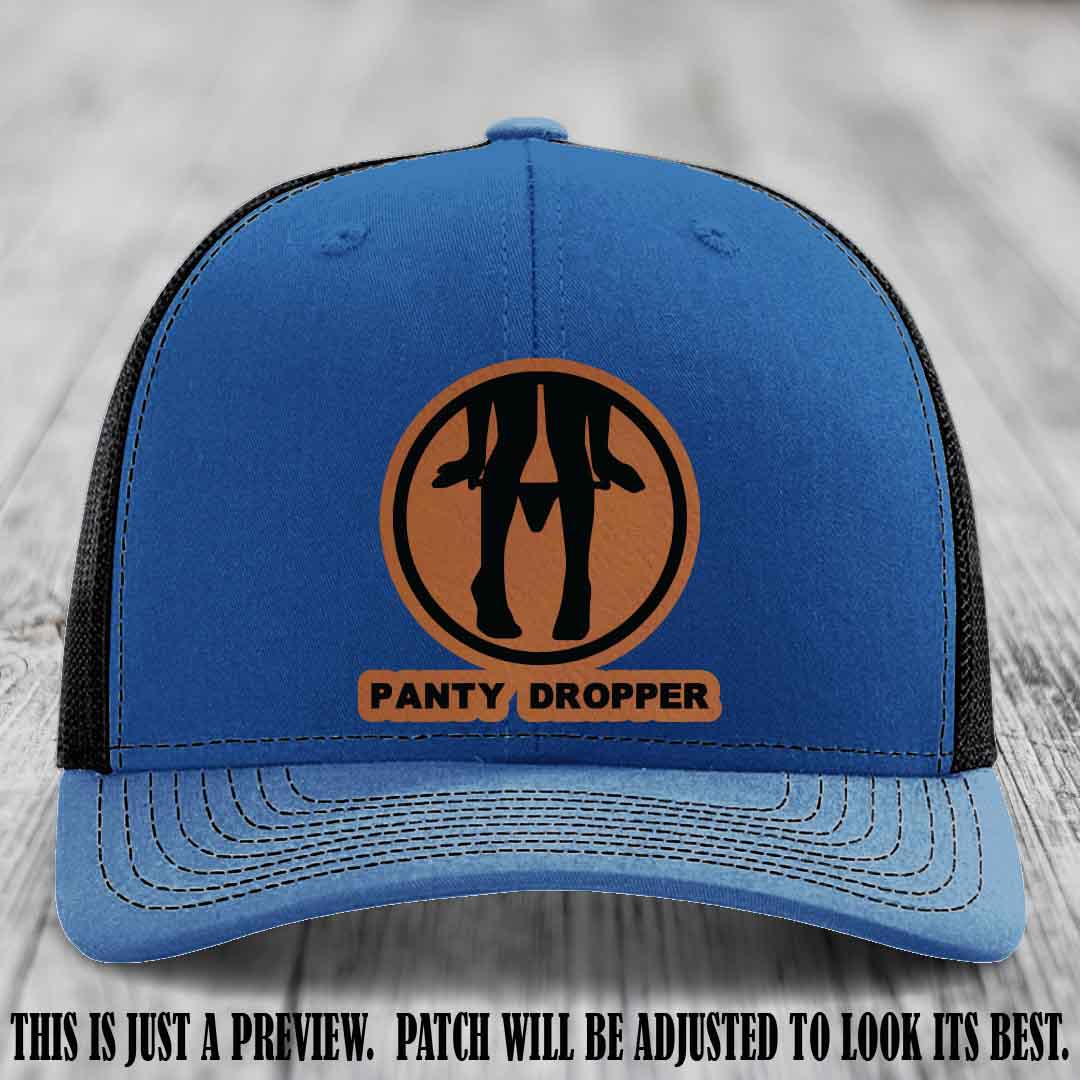 Panty Dropper Rawhide to Black Patch Leather Patch on Royal to Black Hat - Richardson 112 Custom Hat