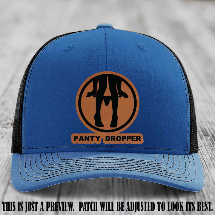 Panty Dropper Rawhide to Black Patch Leather Patch on Royal to Black Hat - Richardson 112 Custom Hat