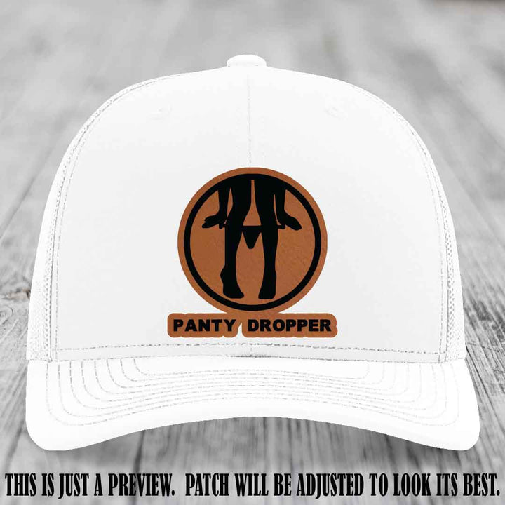 Panty Dropper Rawhide to Black Patch Leather Patch on White Hat - Richardson 112 Custom Hat
