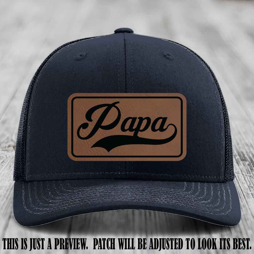Papa Dark Brown to Black Patch Leather Patch on Navy Hat