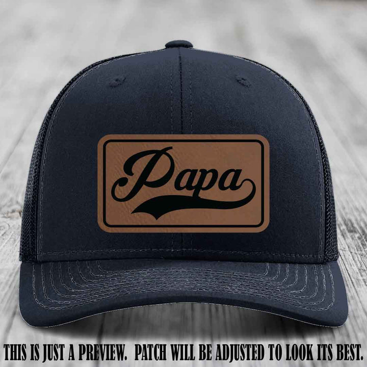 Papa Dark Brown to Black Patch Leather Patch on Navy Hat
