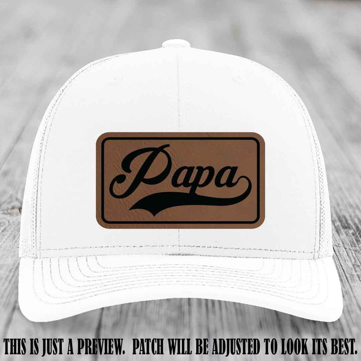 Papa Dark Brown to Black Patch Leather Patch on White Hat