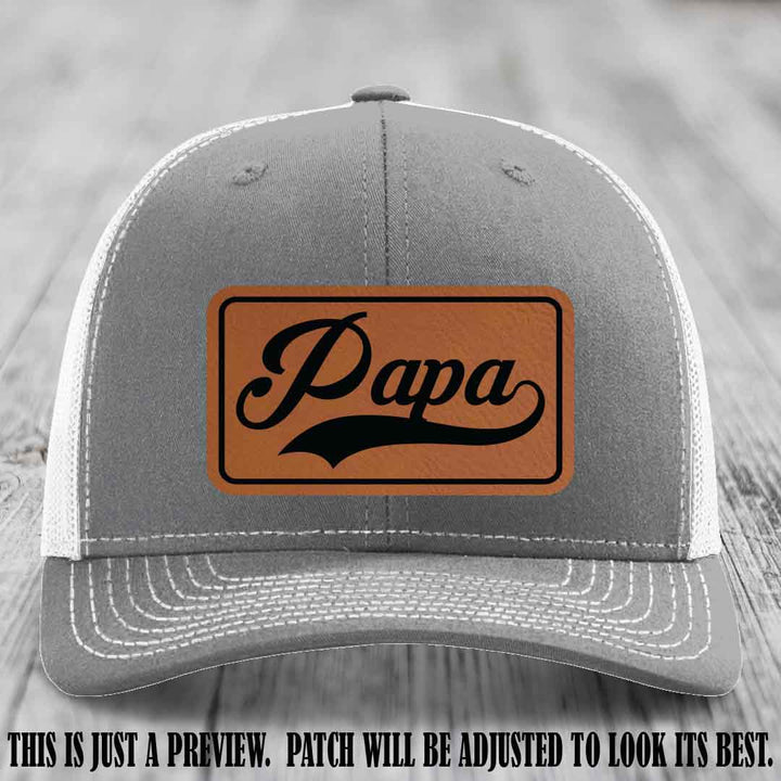 Papa Rawhide to Black Patch Leather Patch on Heather Grey to White Hat