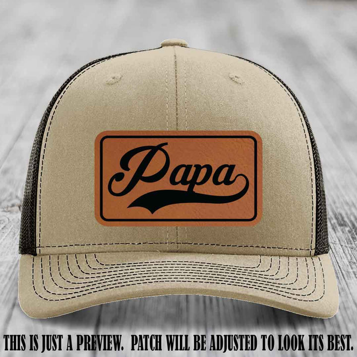 Papa Rawhide to Black Patch Leather Patch on Khaki to Coffee Hat