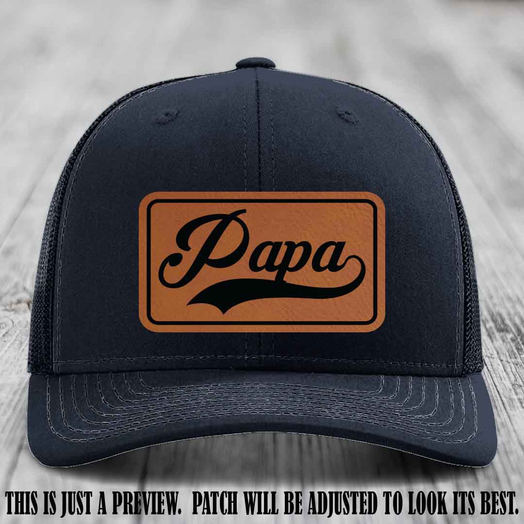Papa Rawhide to Black Patch Leather Patch on Navy Hat