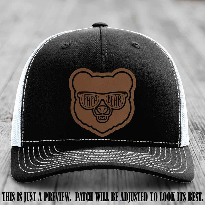 Papa Bear Dark Brown to Black Patch on Black to White Hat - Funny custom trucker hat