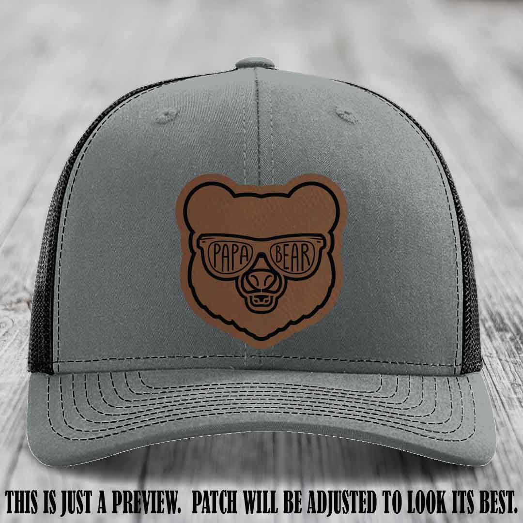 Papa Bear Dark Brown to Black Patch on Heather Grey to Black Hat - Funny custom trucker hat