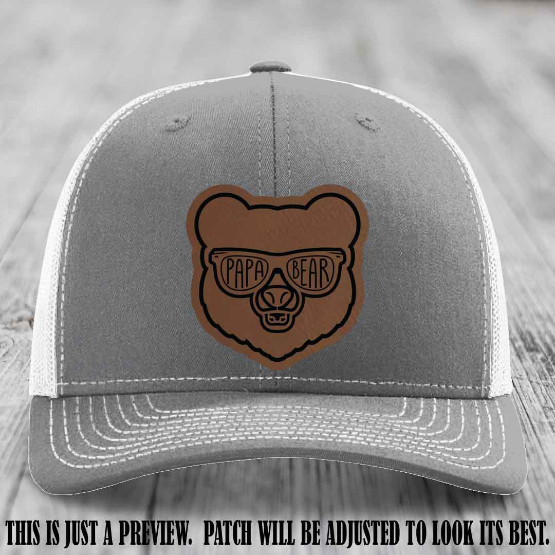 Papa Bear Dark Brown to Black Patch on Heather Grey to White Hat - Funny custom trucker hat
