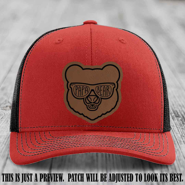 Papa Bear Dark Brown to Black Patch on Red to Black Hat - Funny custom trucker hat